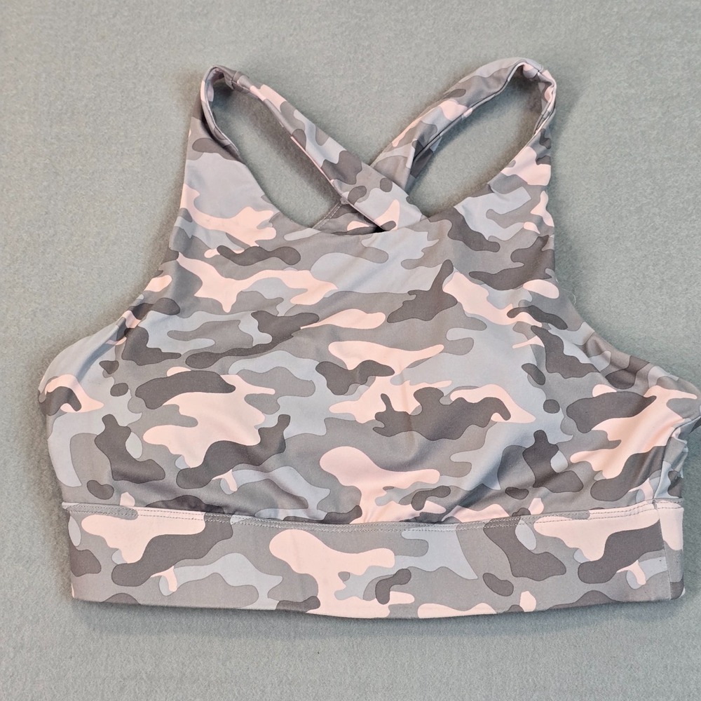 Fabletics Gray Pink Camo Sports Bra Med. Cross Back Strappy Athletic Activewear